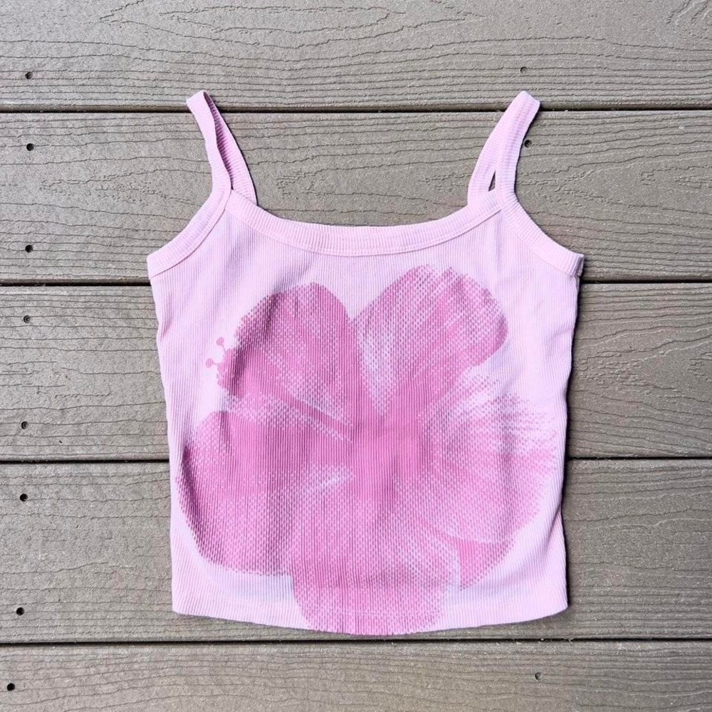 Pink Hibiscus Flower Tank Top Size Medium Y2K Summer Preppy